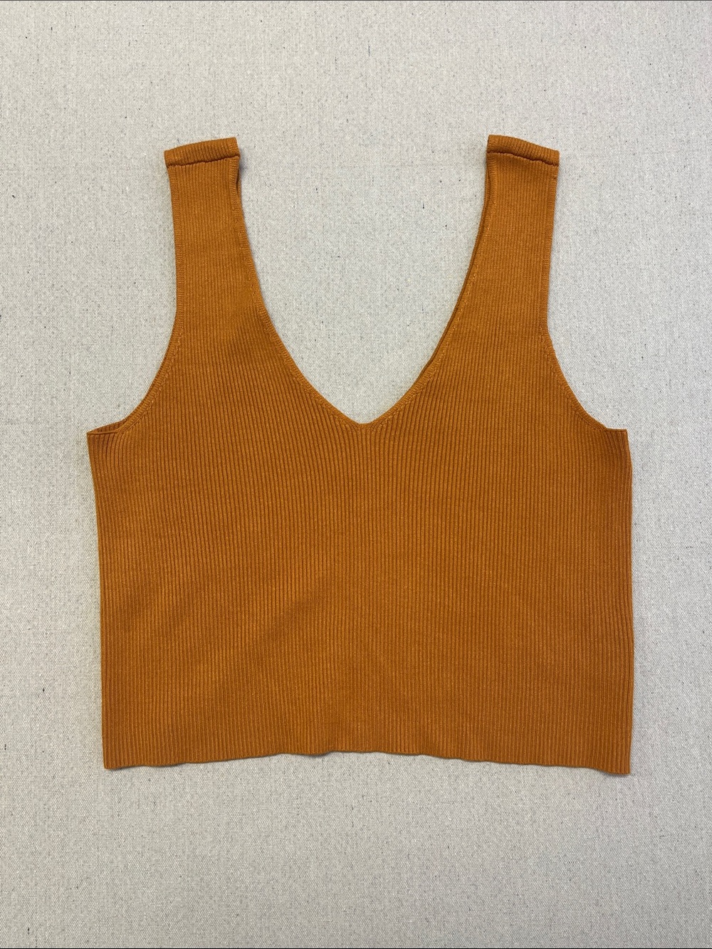 BCBG Paris Ribbed Knit Crop Tank Top Brown V Neck Sleeveless XL